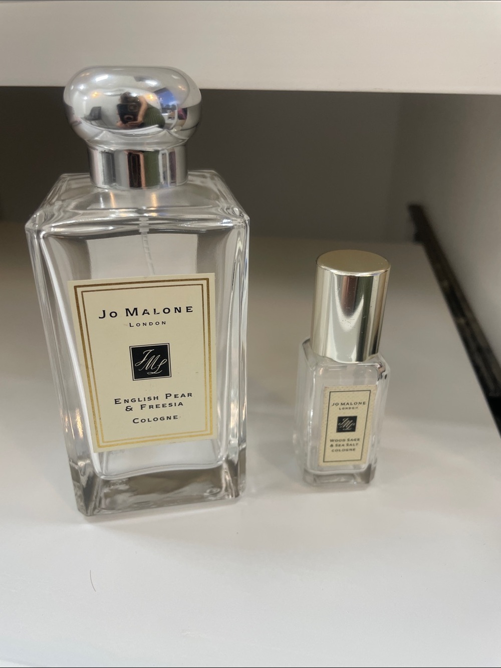 Two Empty bottles of Jo Malone English Pear & Freesia Duo